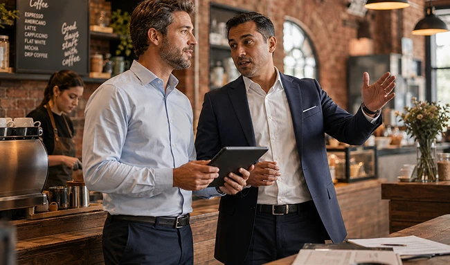Business owner and advisor discussing operations and digital plans in commercial space