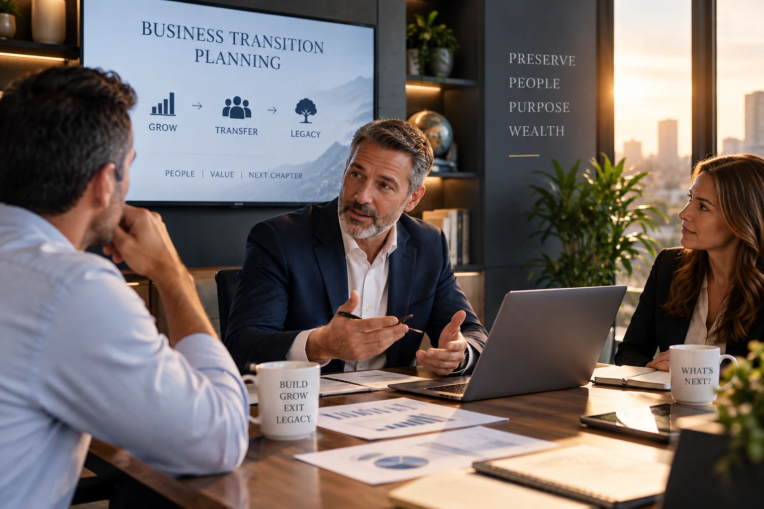 Business owners and management team collaborating on laptops around a conference table