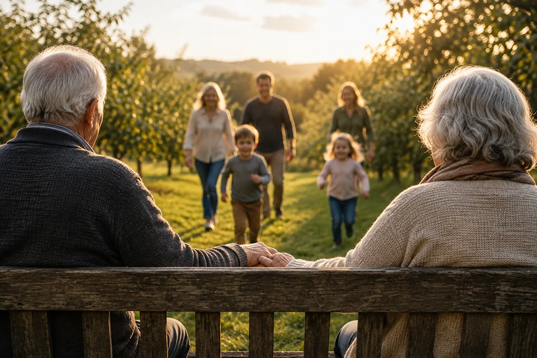 Multi-generational family walking together outdoors in golden evening light