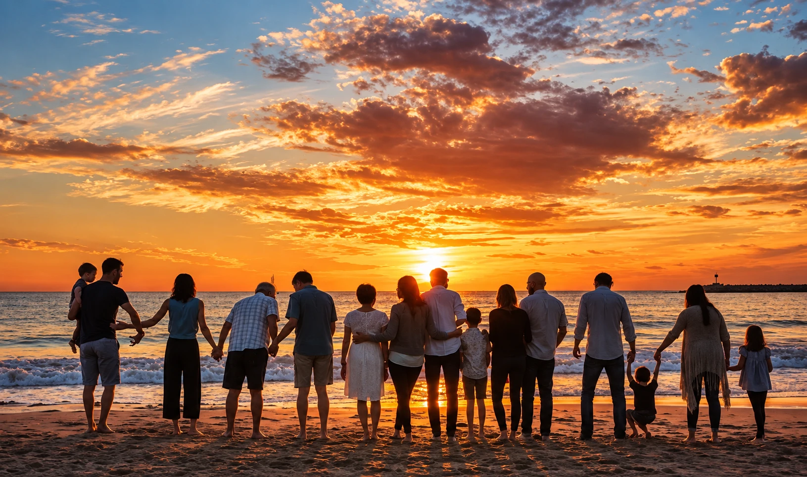 Multi-generational family silhouette standing together on the beach during sunset