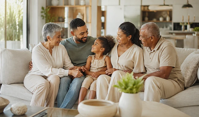 Multi-generational family gathered closely and smiling on living room sofa