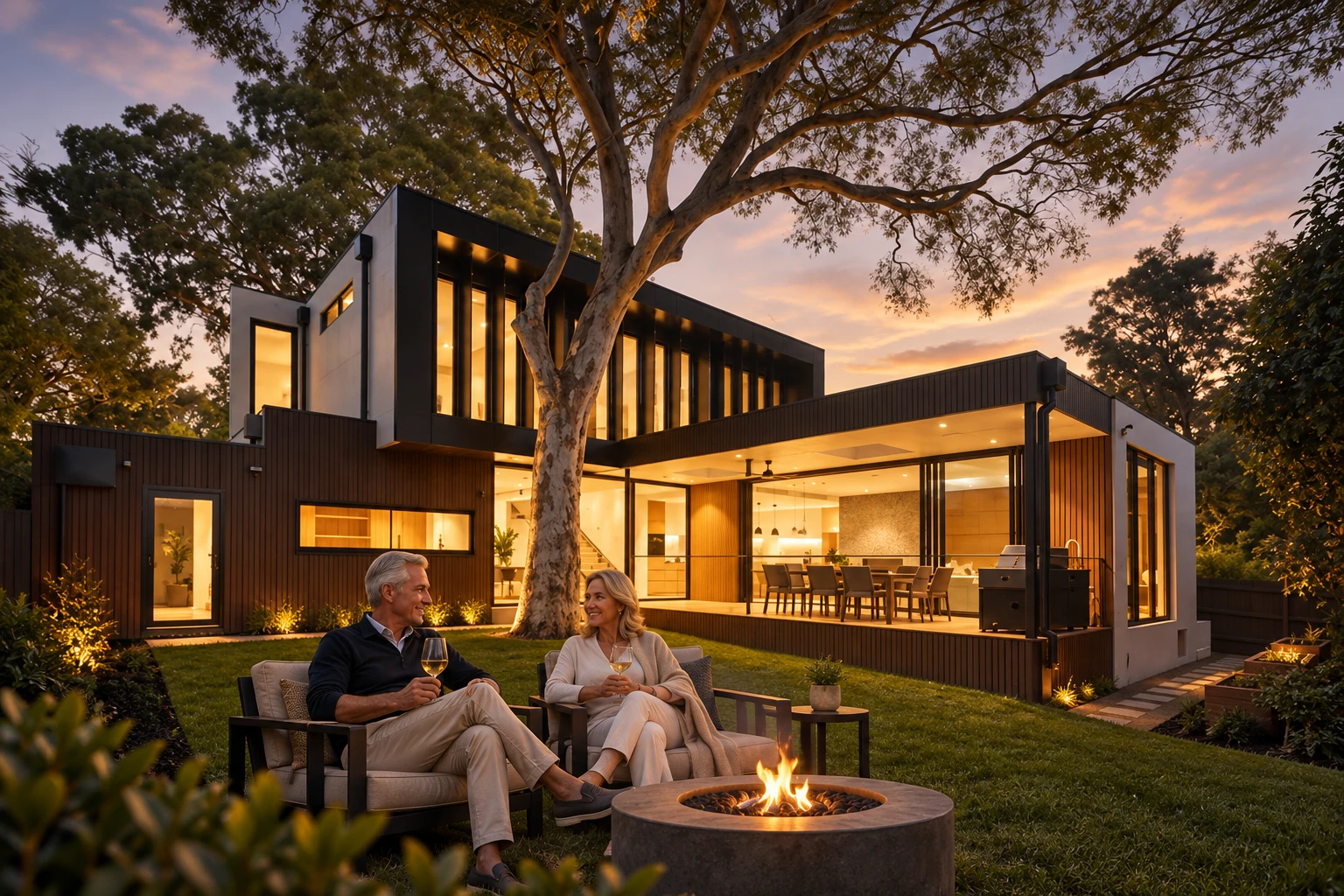 Modern architecturally designed home at twilight with warm lighting
