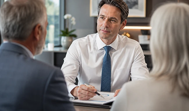 Wealth planning advisor consulting attentively with clients in executive office