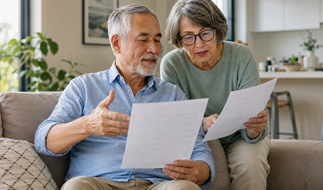 Senior couple reviewing retirement planning documents together at home