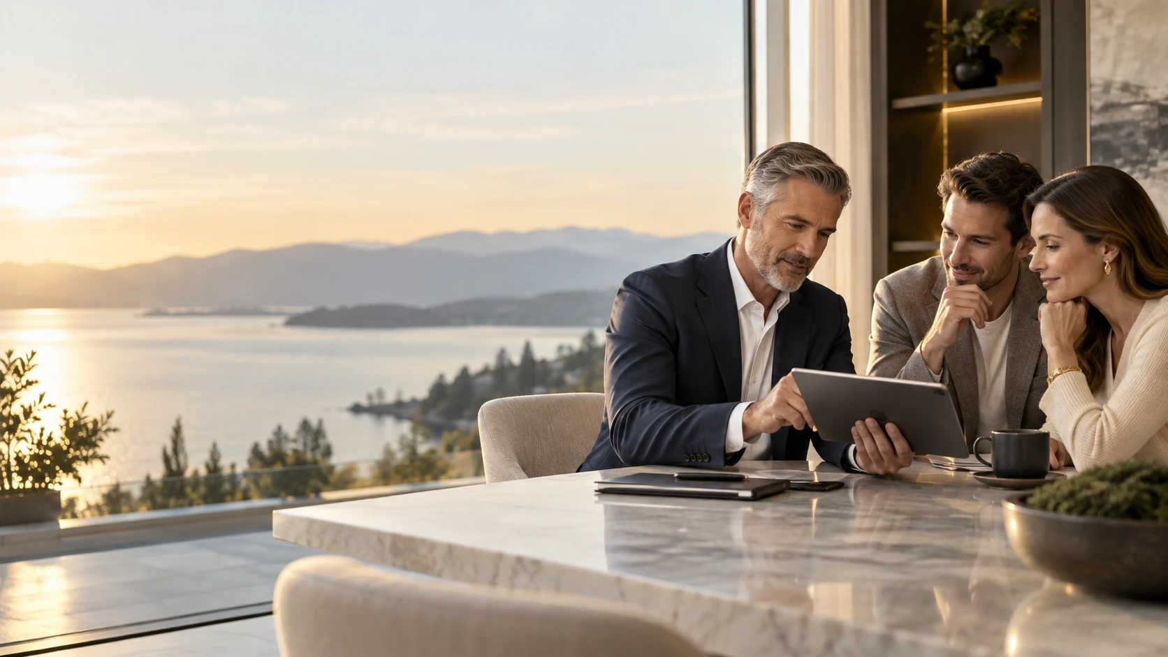 Wealth advisors collaborating on detailed financial planning paperwork and laptops